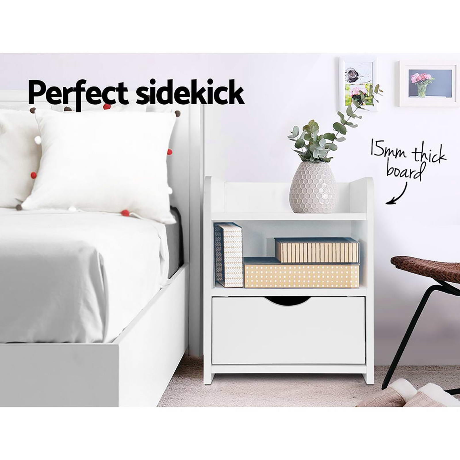 Artiss 2X Bedside Table 1 Drawer with Shelf - FARA White Bedworld