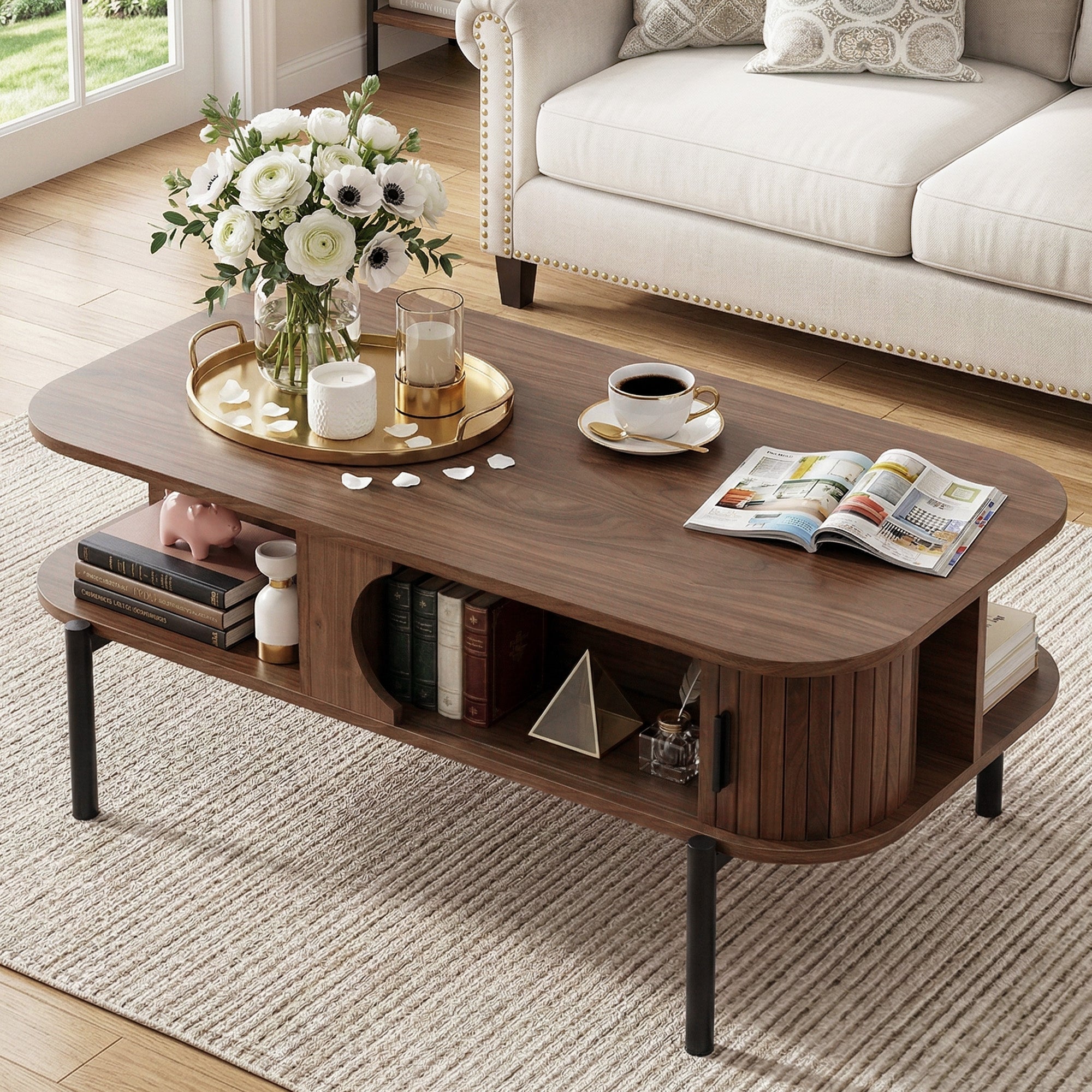 Artiss Coffee Table Living Room Center Table Shelf Cabinet Walnut Bedworld