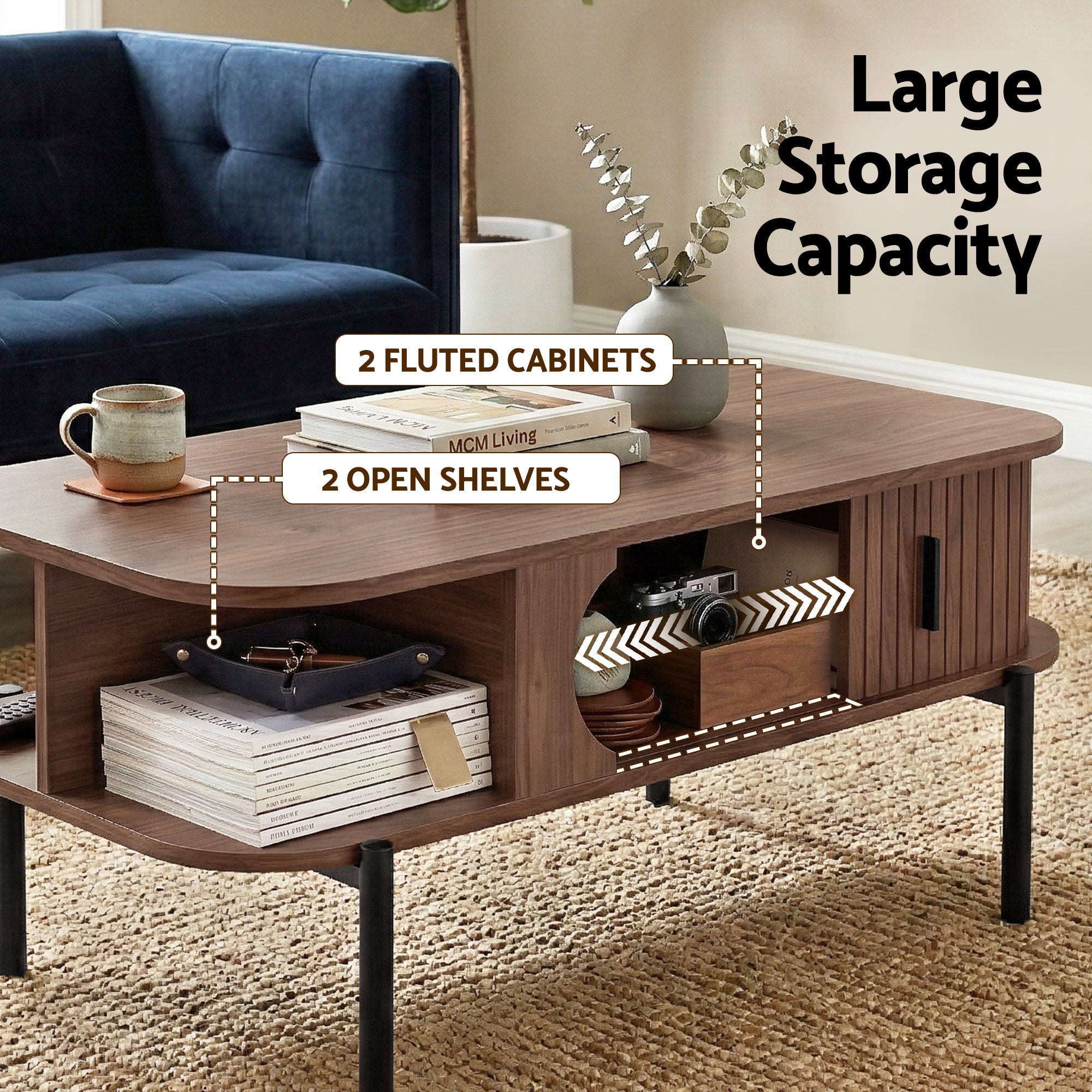 Artiss Coffee Table Living Room Center Table Shelf Cabinet Walnut Bedworld