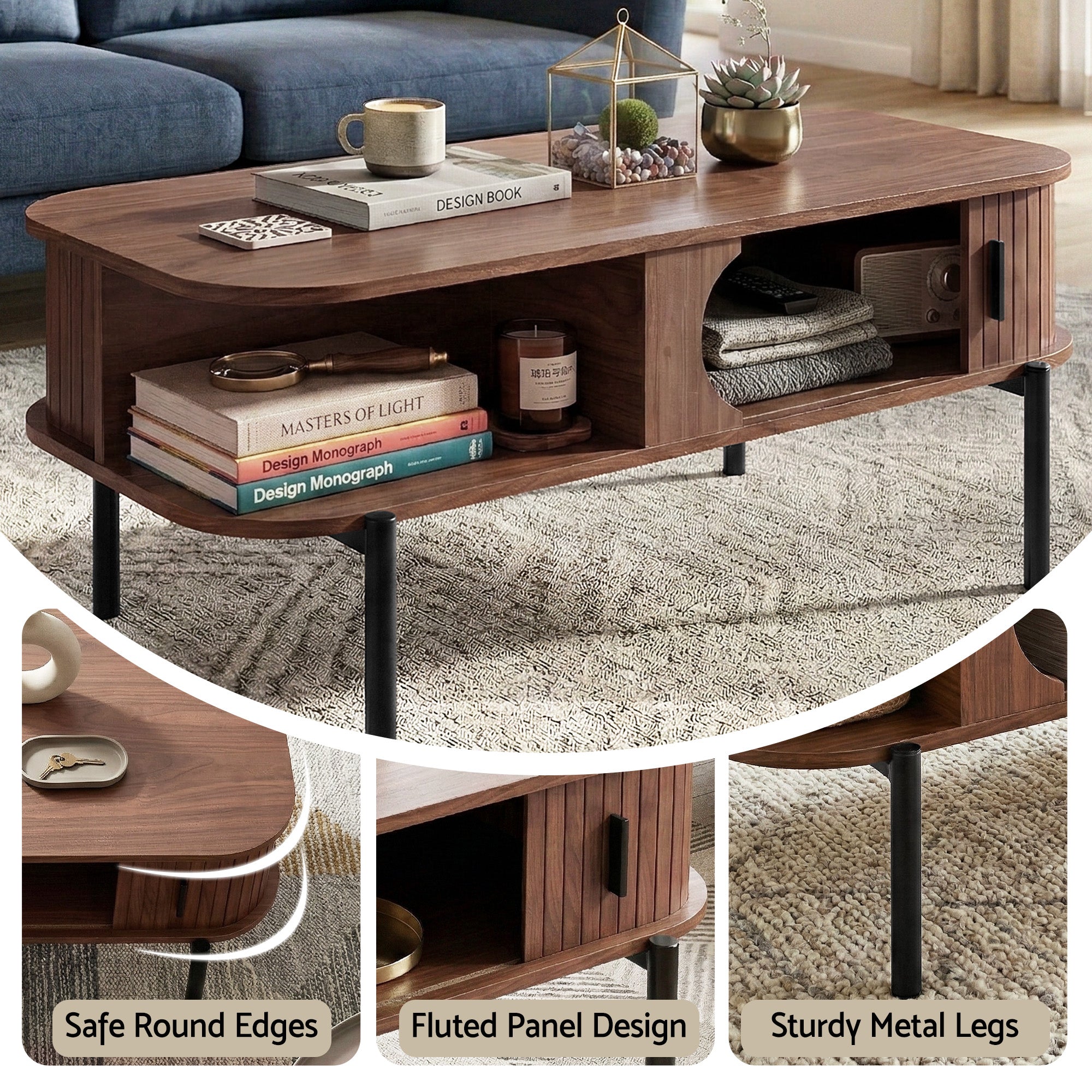 Artiss Coffee Table Living Room Center Table Shelf Cabinet Walnut Bedworld