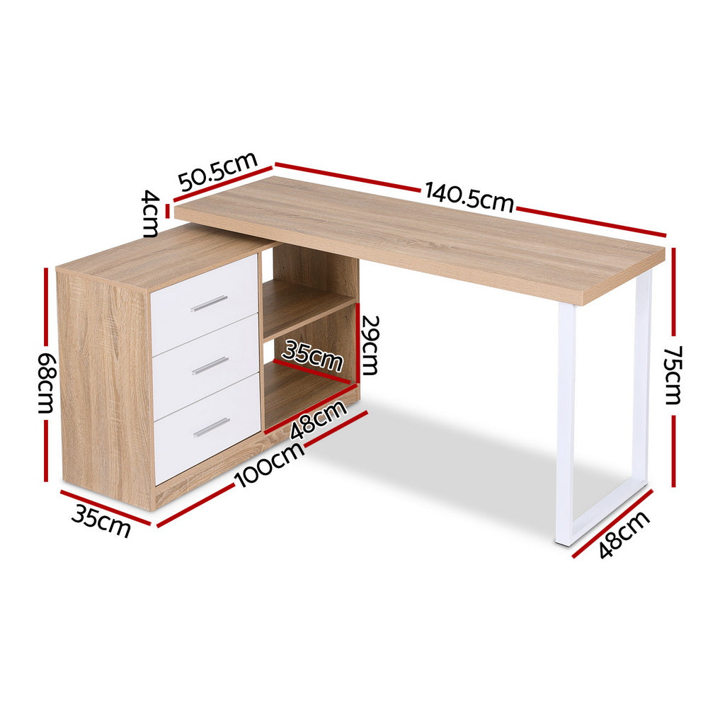 Artiss Computer Desk Swivelling L shape Home Office Storage Cabinet Oak Bedworld