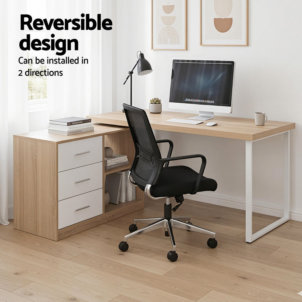 Artiss Computer Desk Swivelling L shape Home Office Storage Cabinet Oak Bedworld