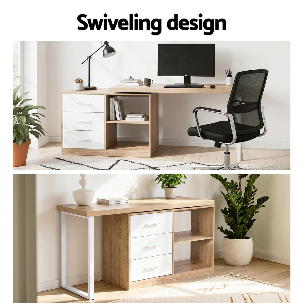 Artiss Computer Desk Swivelling L shape Home Office Storage Cabinet Oak Bedworld