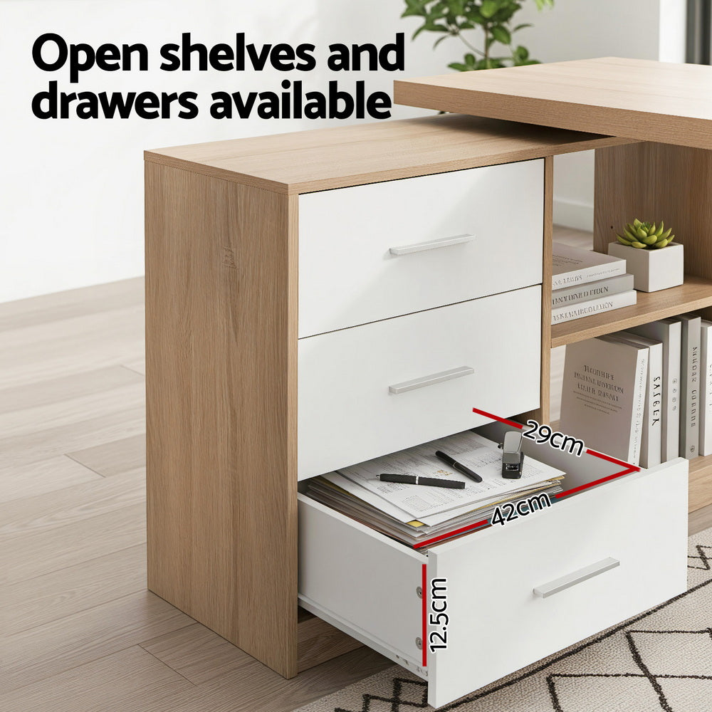 Artiss Computer Desk Swivelling L shape Home Office Storage Cabinet Oak Bedworld