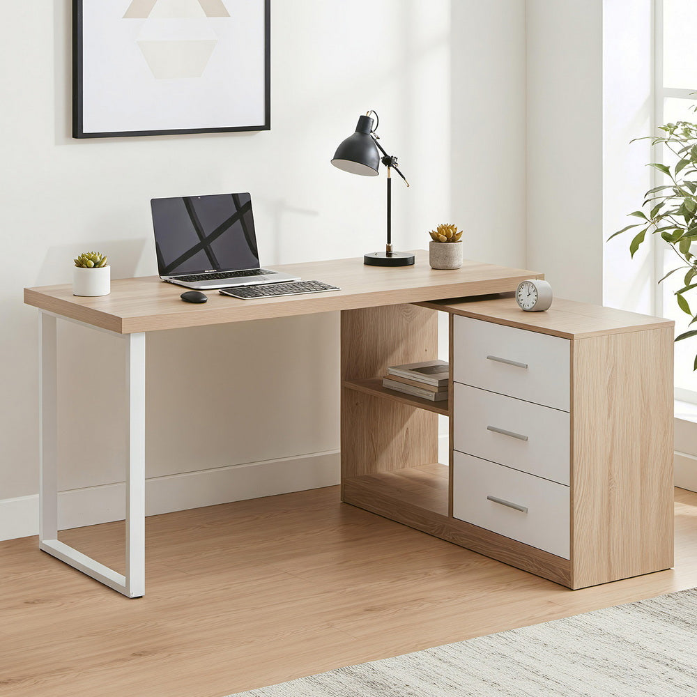 Artiss Computer Desk Swivelling L shape Home Office Storage Cabinet Oak Bedworld