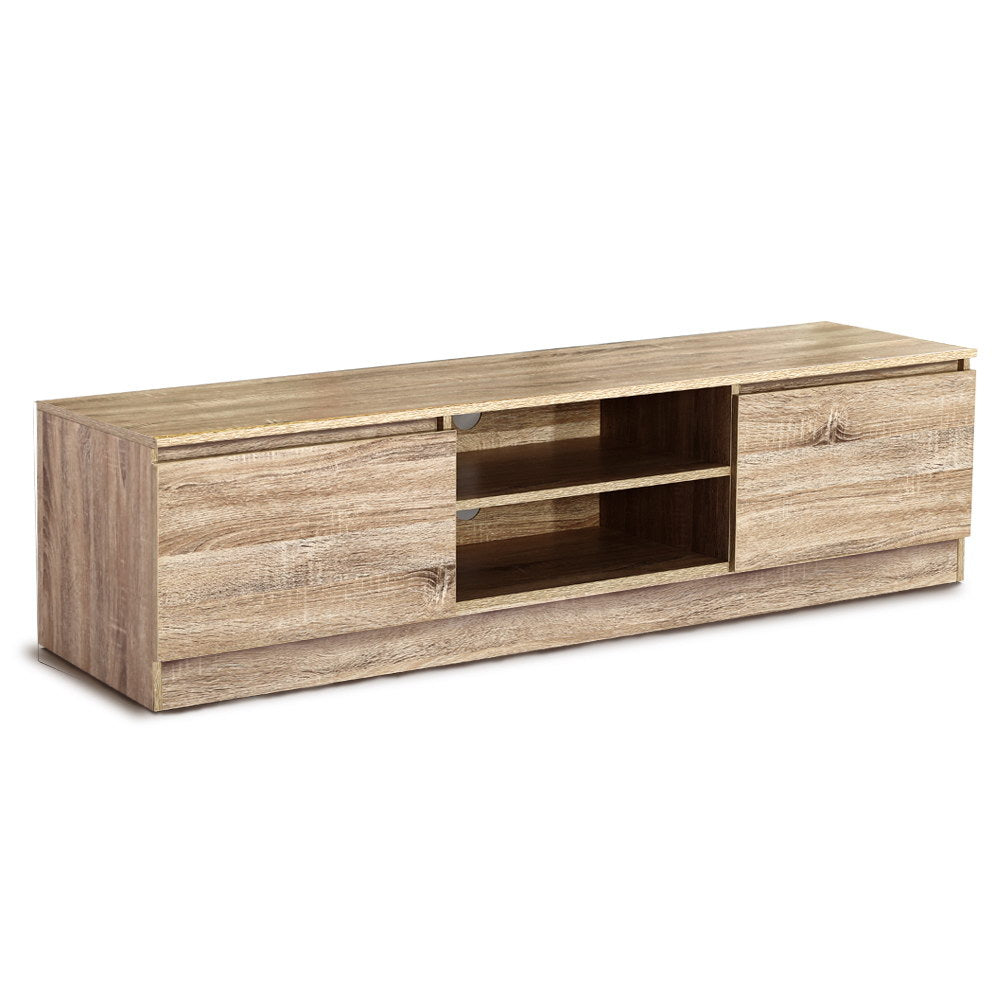 TV cabinet with open center shelf and two side compartments in light pine wood grain.