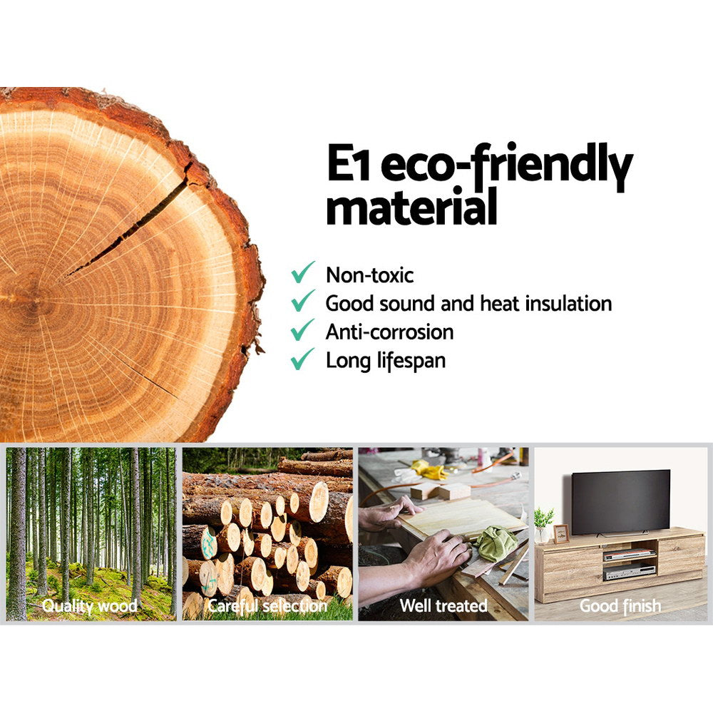 Eco-friendly material infographic for TV cabinet: non-toxic, good sound insulation, long lifespan.