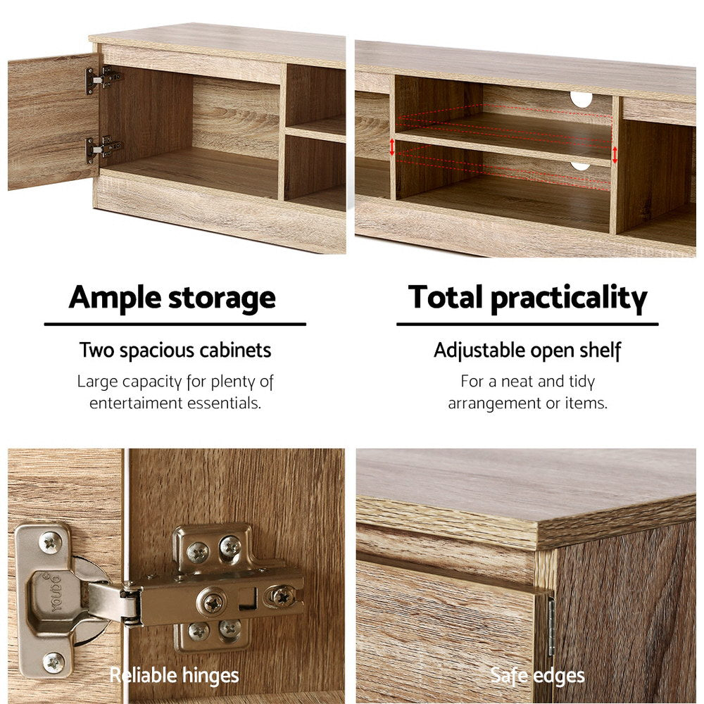 TV cabinet feature infographic: ample storage cabinets, adjustable open shelf, safe edges.