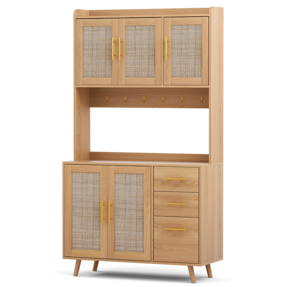 Artiss Buffet Sideboard Hutch Storage Cabinet Kitchen Cupboard Hooks Rattan Pine Bedworld