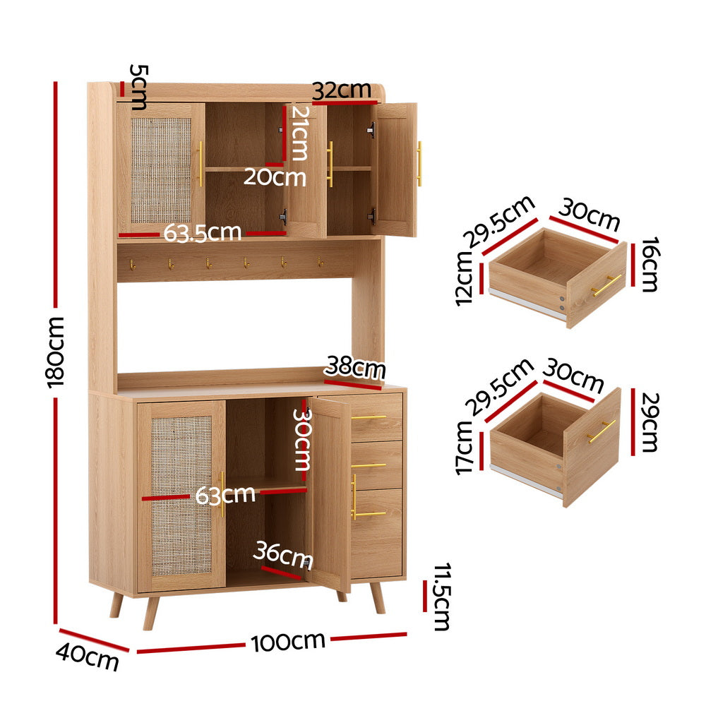 Artiss Buffet Sideboard Hutch Storage Cabinet Kitchen Cupboard Hooks Rattan Pine Bedworld