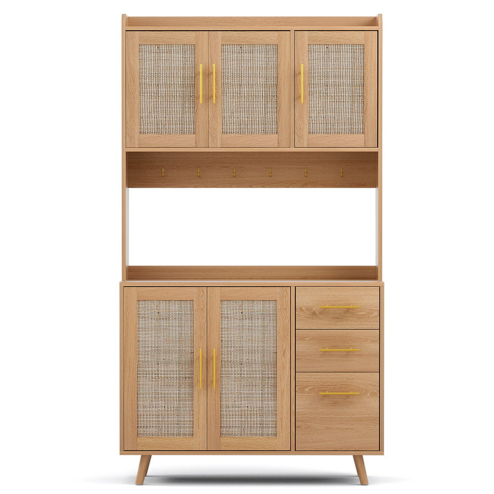 Artiss Buffet Sideboard Hutch Storage Cabinet Kitchen Cupboard Hooks Rattan Pine Bedworld