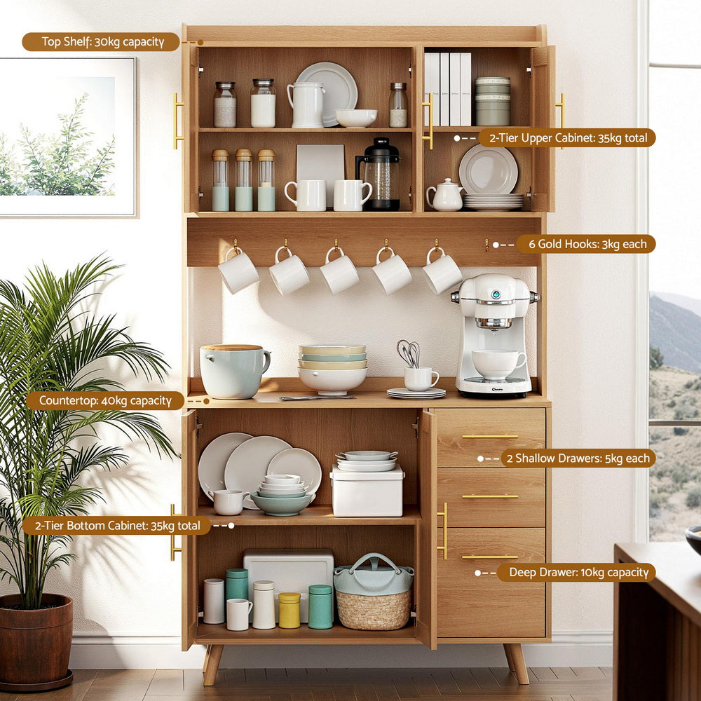 Artiss Buffet Sideboard Hutch Storage Cabinet Kitchen Cupboard Hooks Rattan Pine Bedworld
