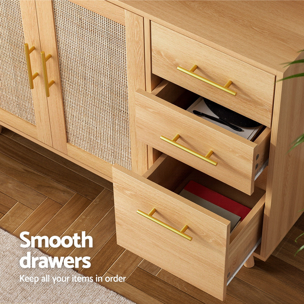 Artiss Buffet Sideboard Hutch Storage Cabinet Kitchen Cupboard Hooks Rattan Pine Bedworld