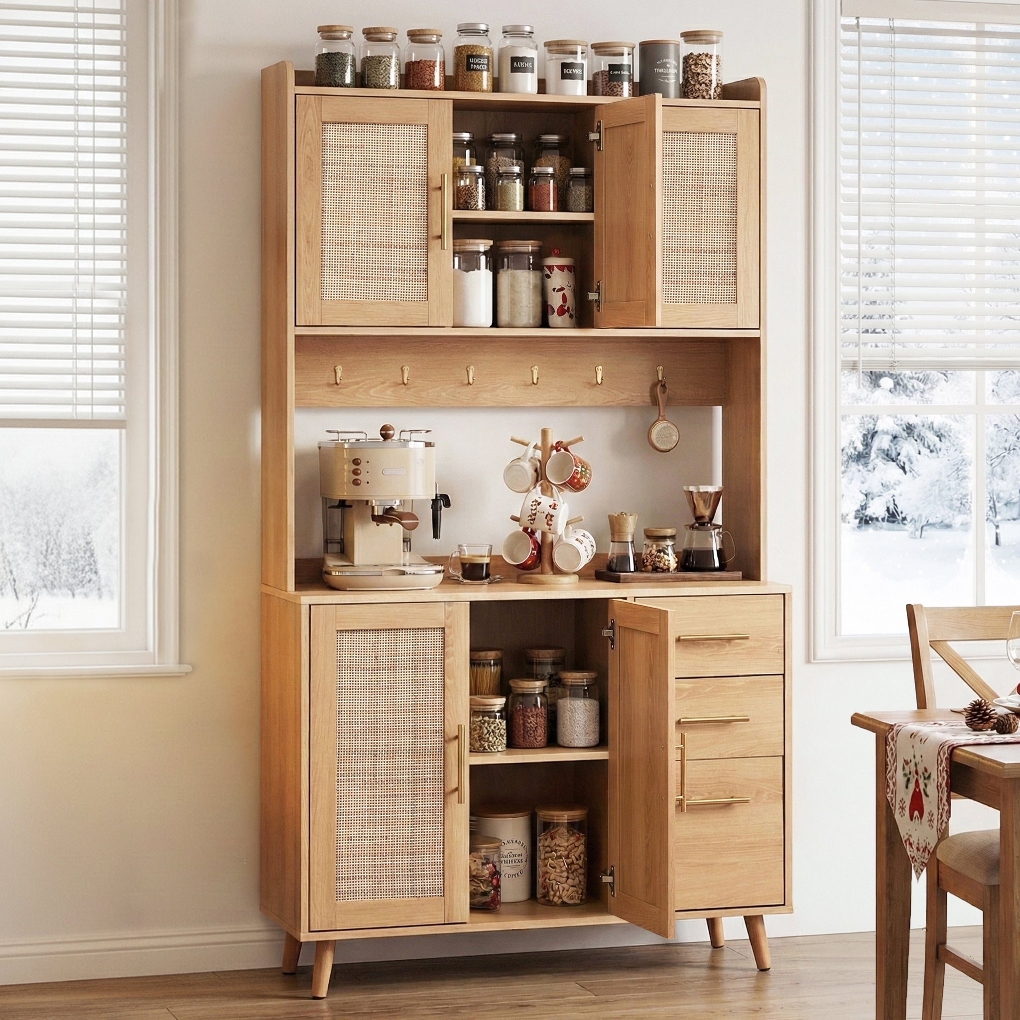 Artiss Buffet Sideboard Hutch Storage Cabinet Kitchen Cupboard Hooks Rattan Pine Bedworld