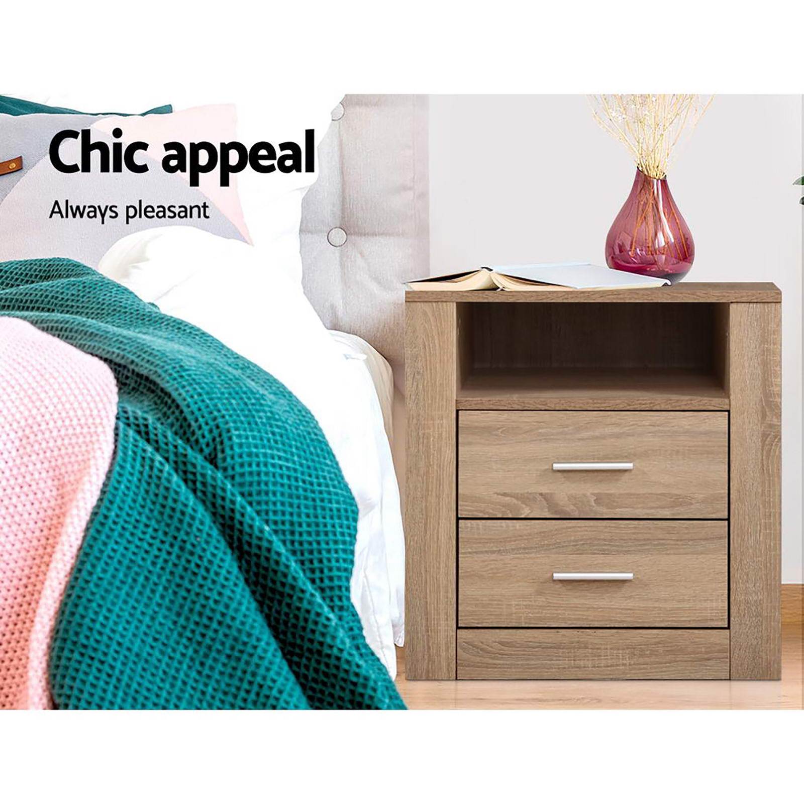 Artiss 2X Bedside Table 2 Drawers with Shelf - TARA Oak Bedworld