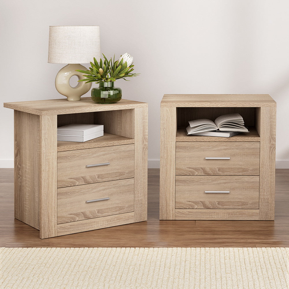 Artiss 2X Bedside Table 2 Drawers with Shelf - TARA Oak Bedworld