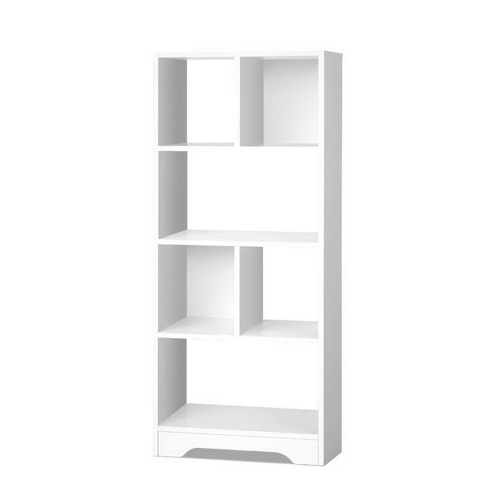 White 6-tier open bookshelf unit with multiple square and rectangular shelving spaces