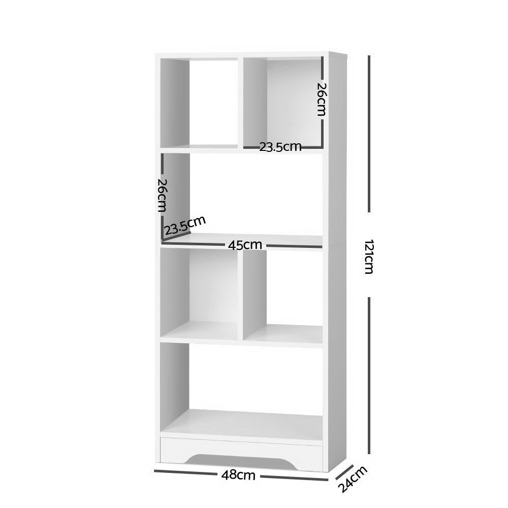White 6-tier open bookshelf with labeled measurements and staggered shelf openings