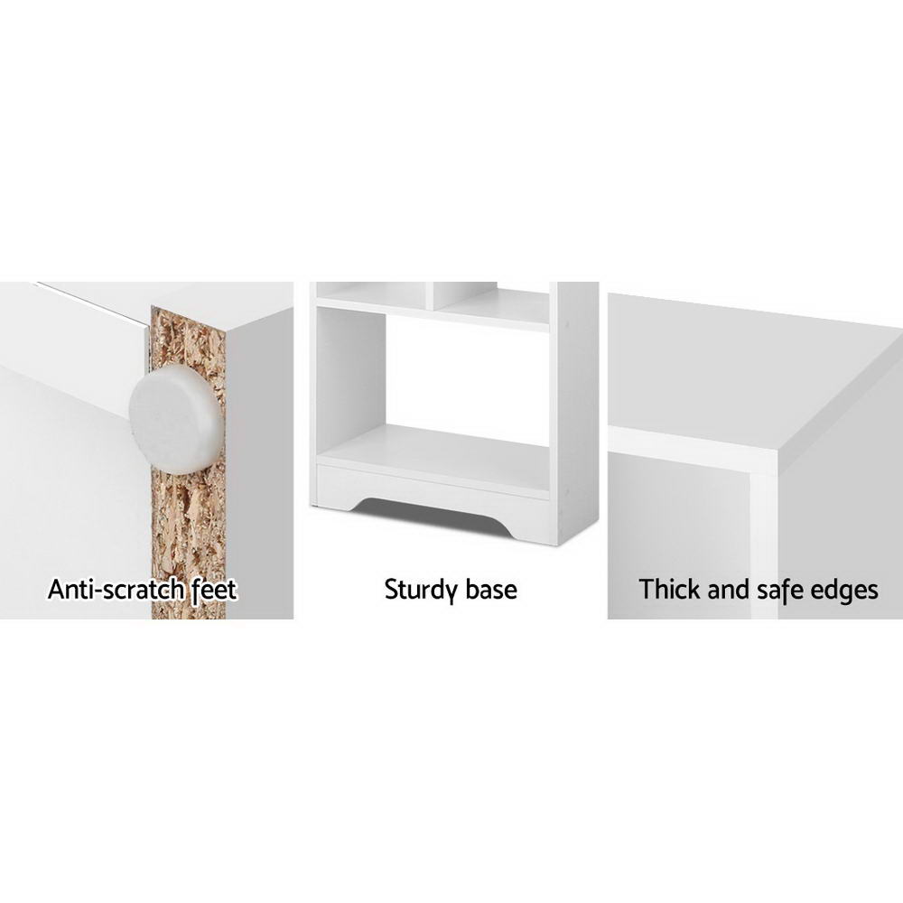 White bookshelf base with anti-scratch feet and thick, rounded edge corners