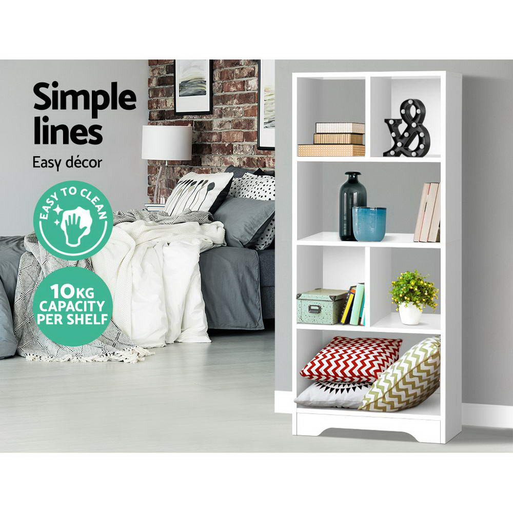 White 6-tier open bookshelf with neatly arranged shelves for books and accessories