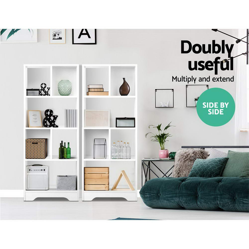 Two white open bookshelves with multiple compartments for books, decor, and storage