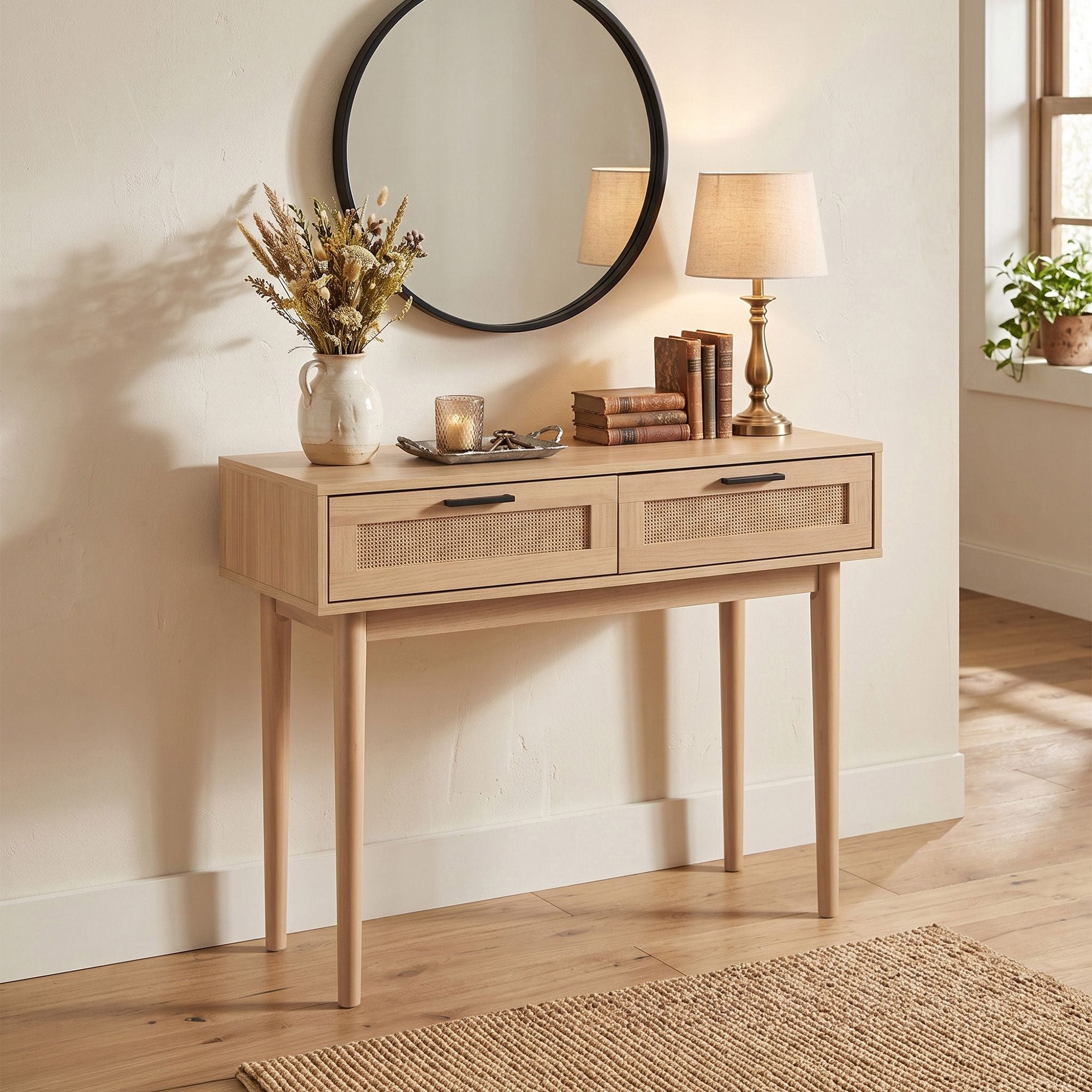 Rattan drawer console table with two light wood drawers and black bar handles