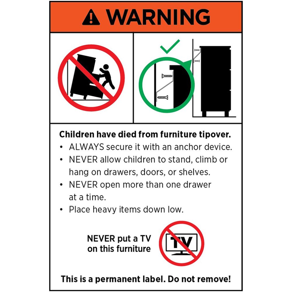 Furniture safety warning label with child tip-over and drawer opening instructions