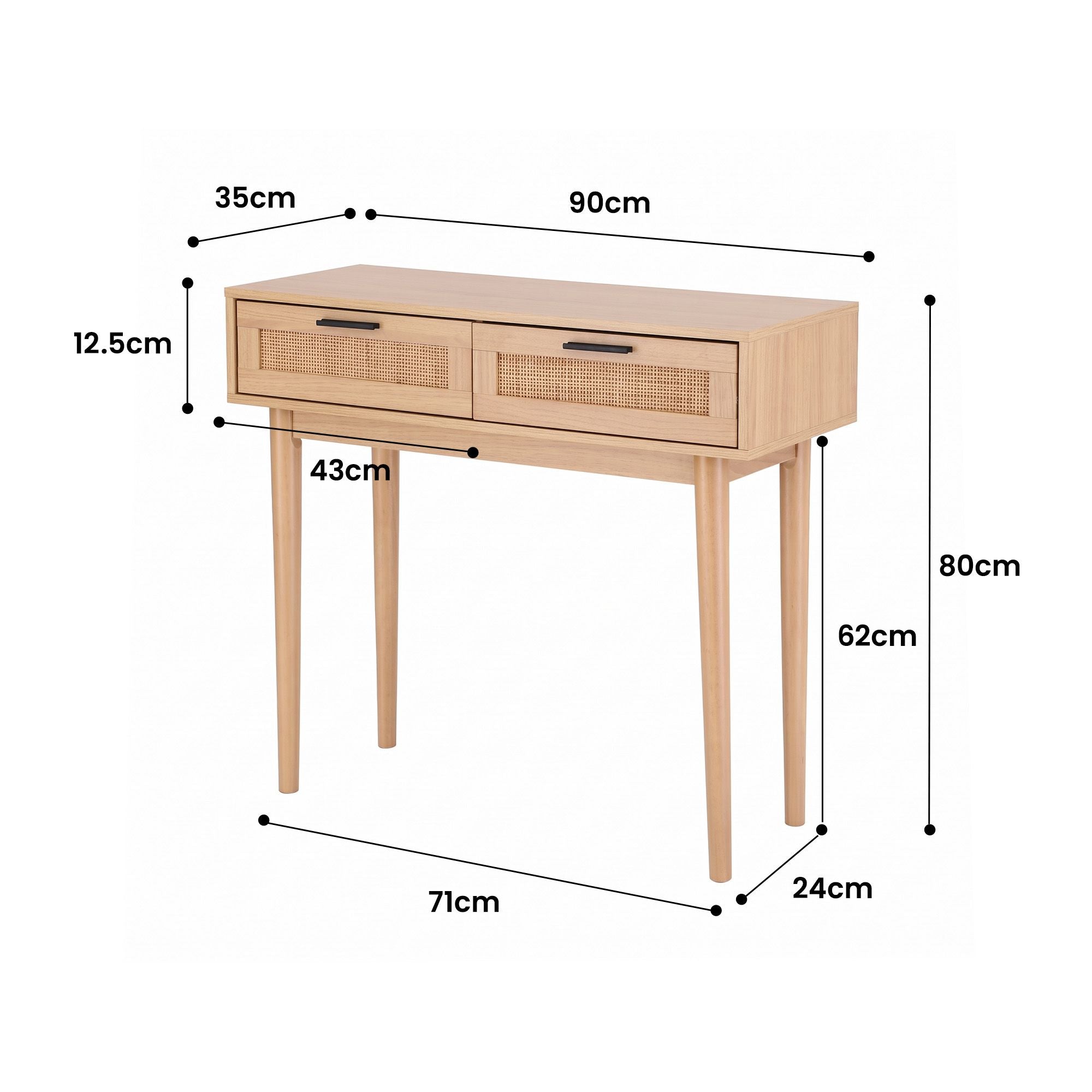 Rattan drawer console table with labeled dimensions for length, height, and width