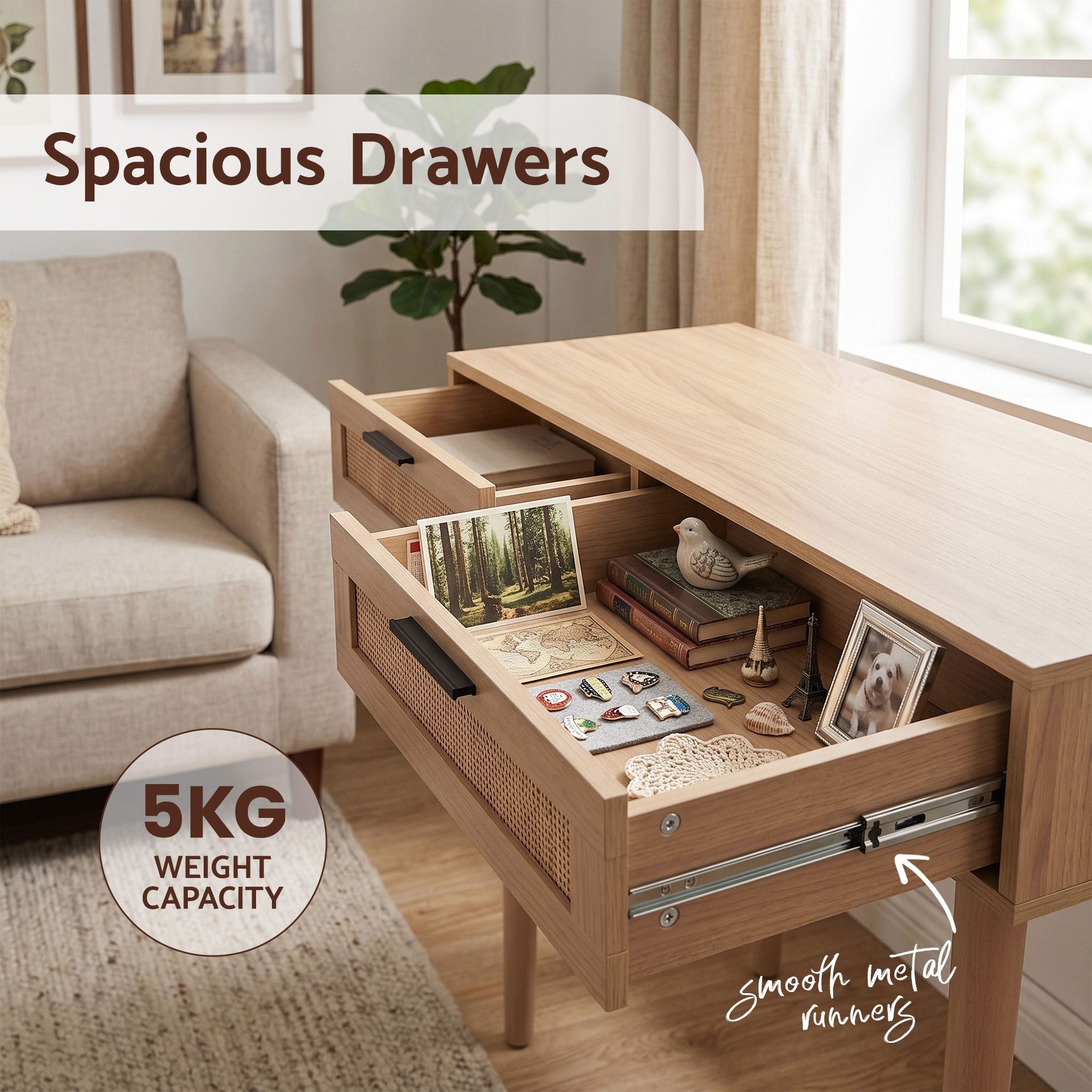 Light wood console table with two open drawers featuring woven rattan fronts