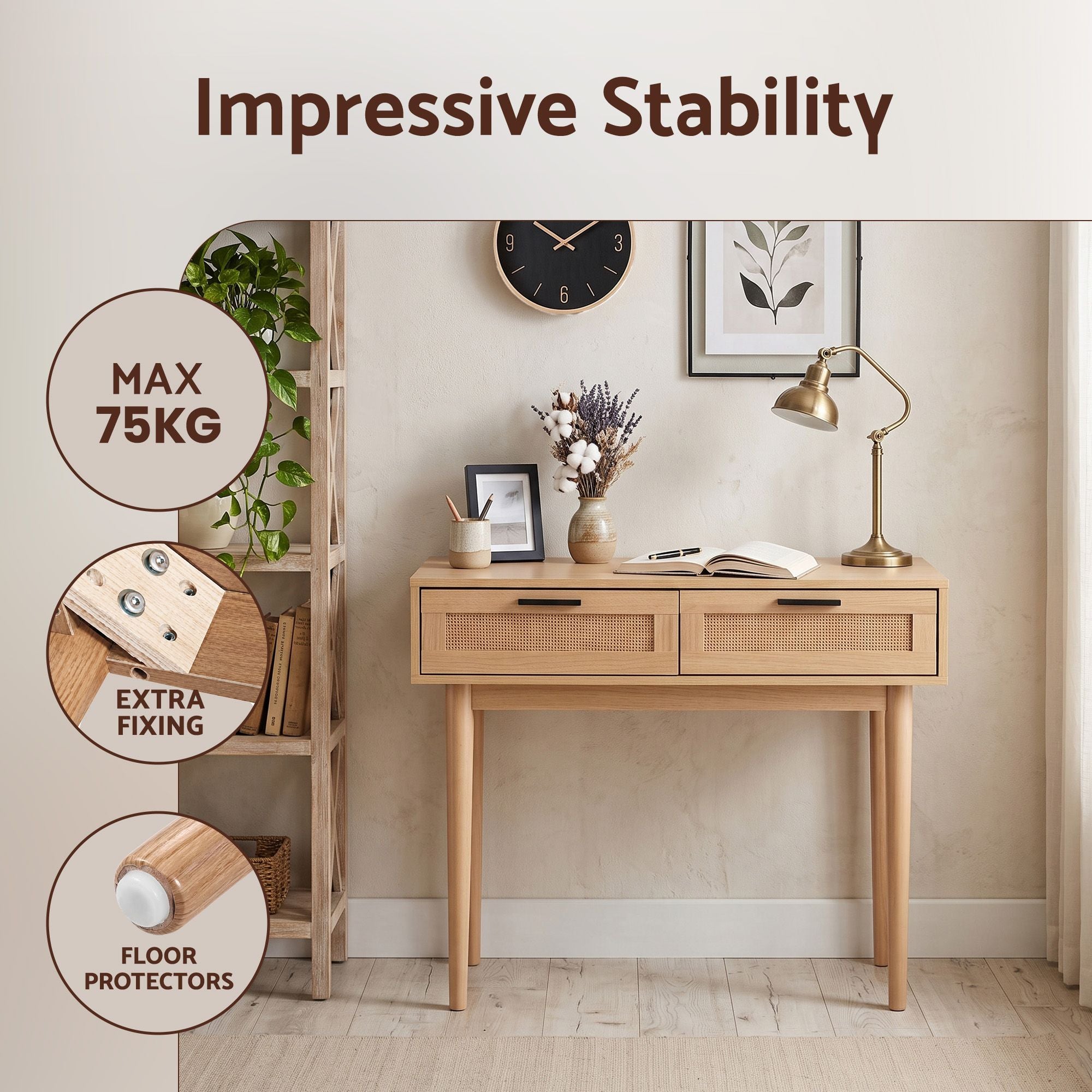 Light wood console table with two rattan drawers and black handles