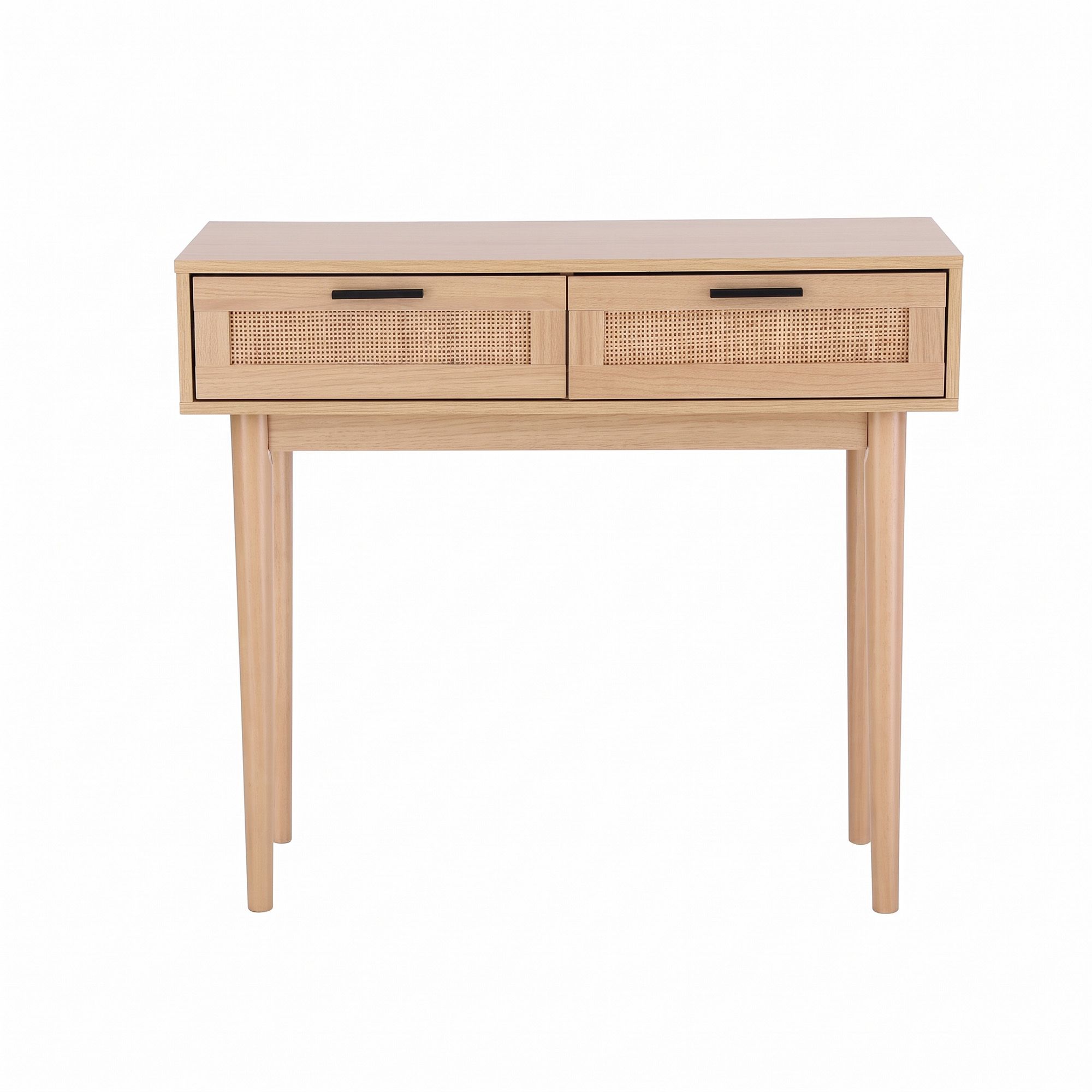 Front view of rattan drawer console table in light wood with two black bar handles