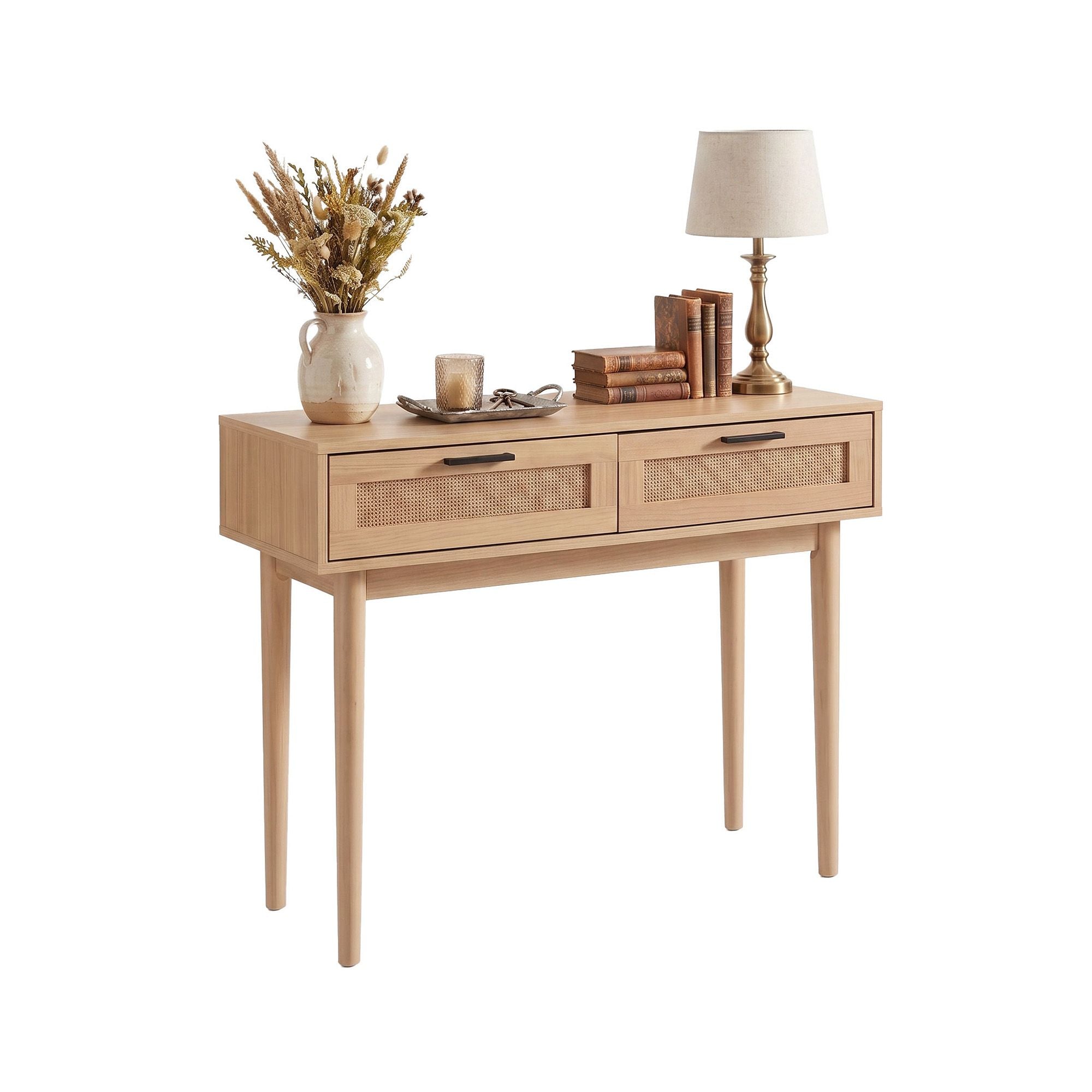 Light wood rattan drawer console table with two drawers and black bar handles