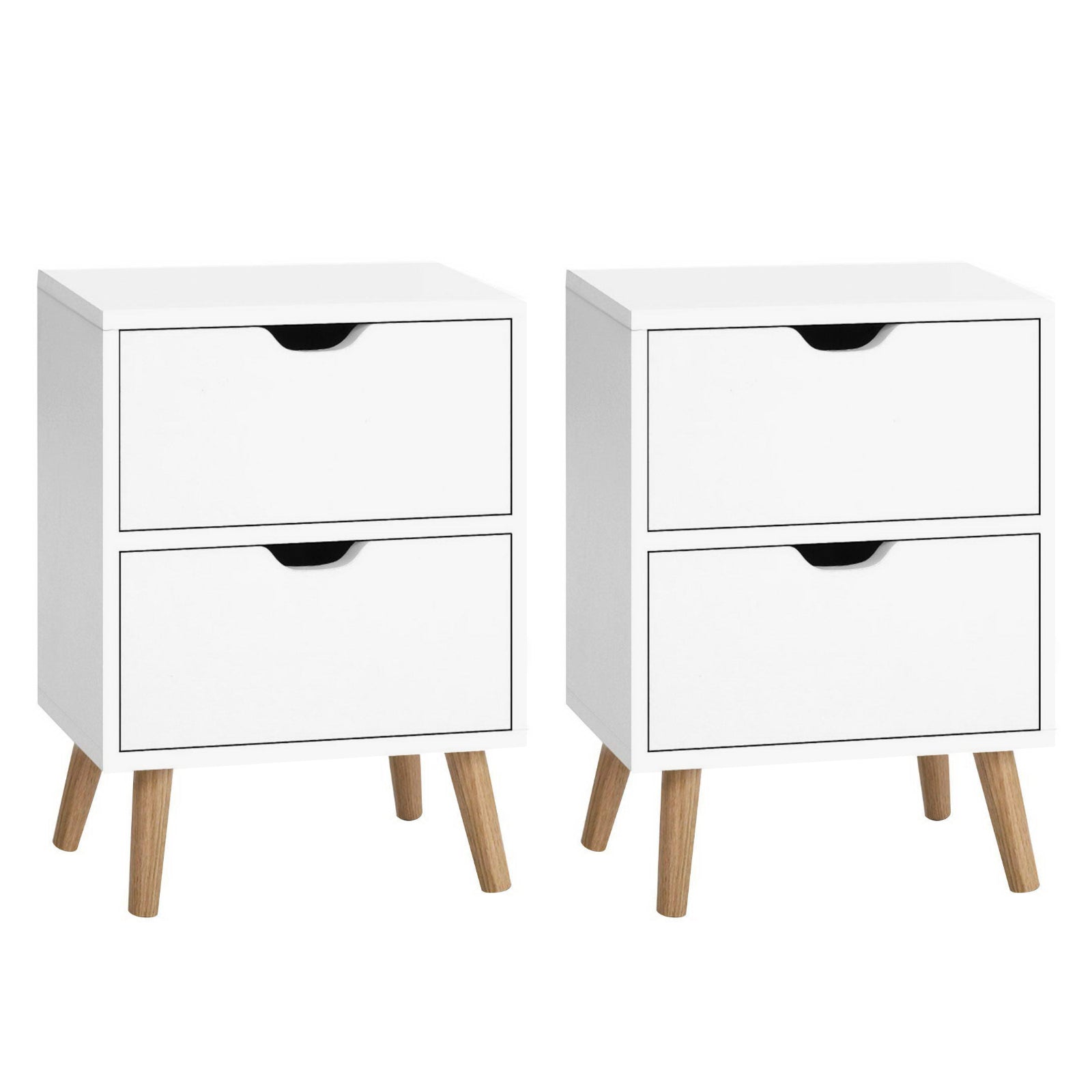 White bedside table with two drawers, black handles, and light wood legs
