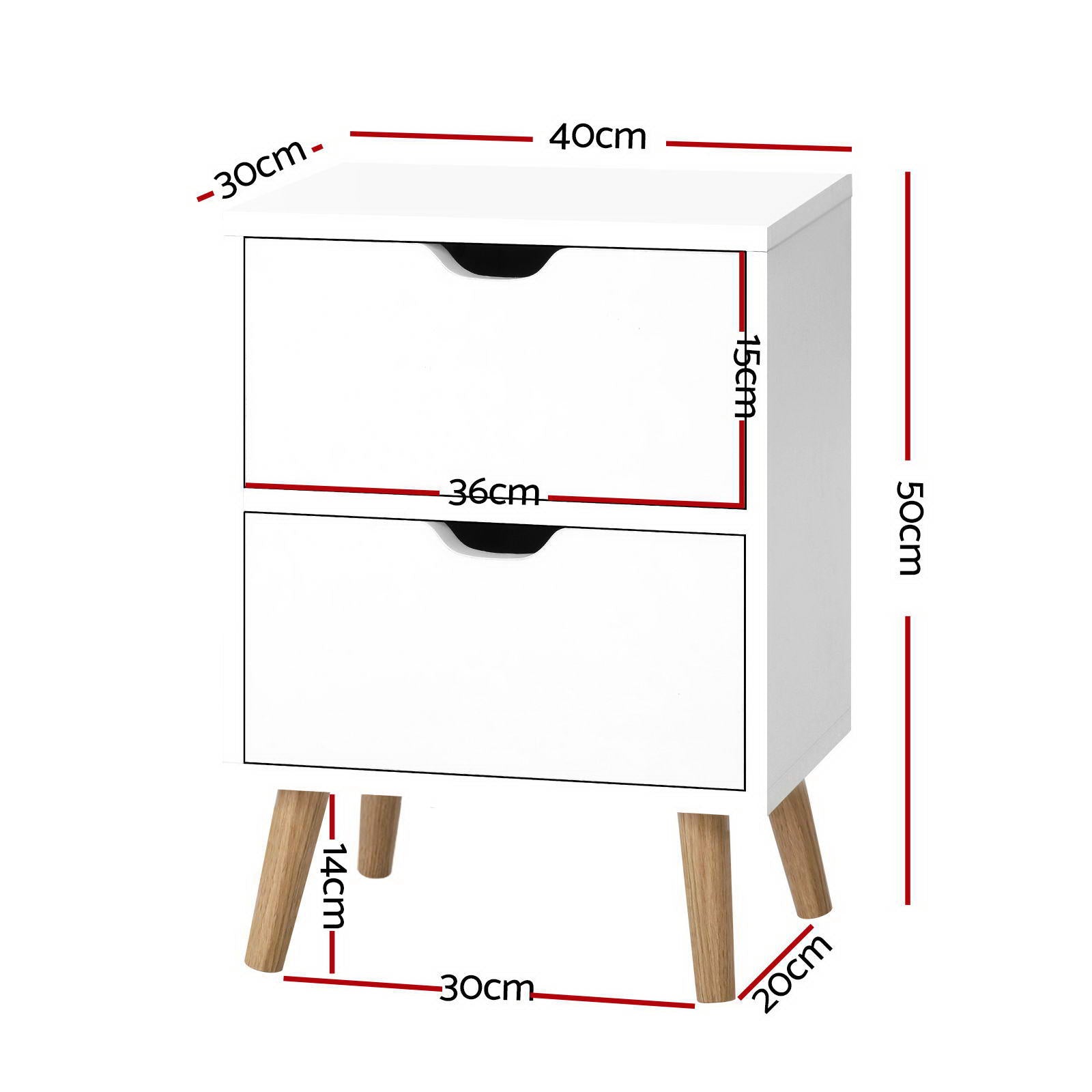 White bedside table with two drawers, black handles, and light wood legs