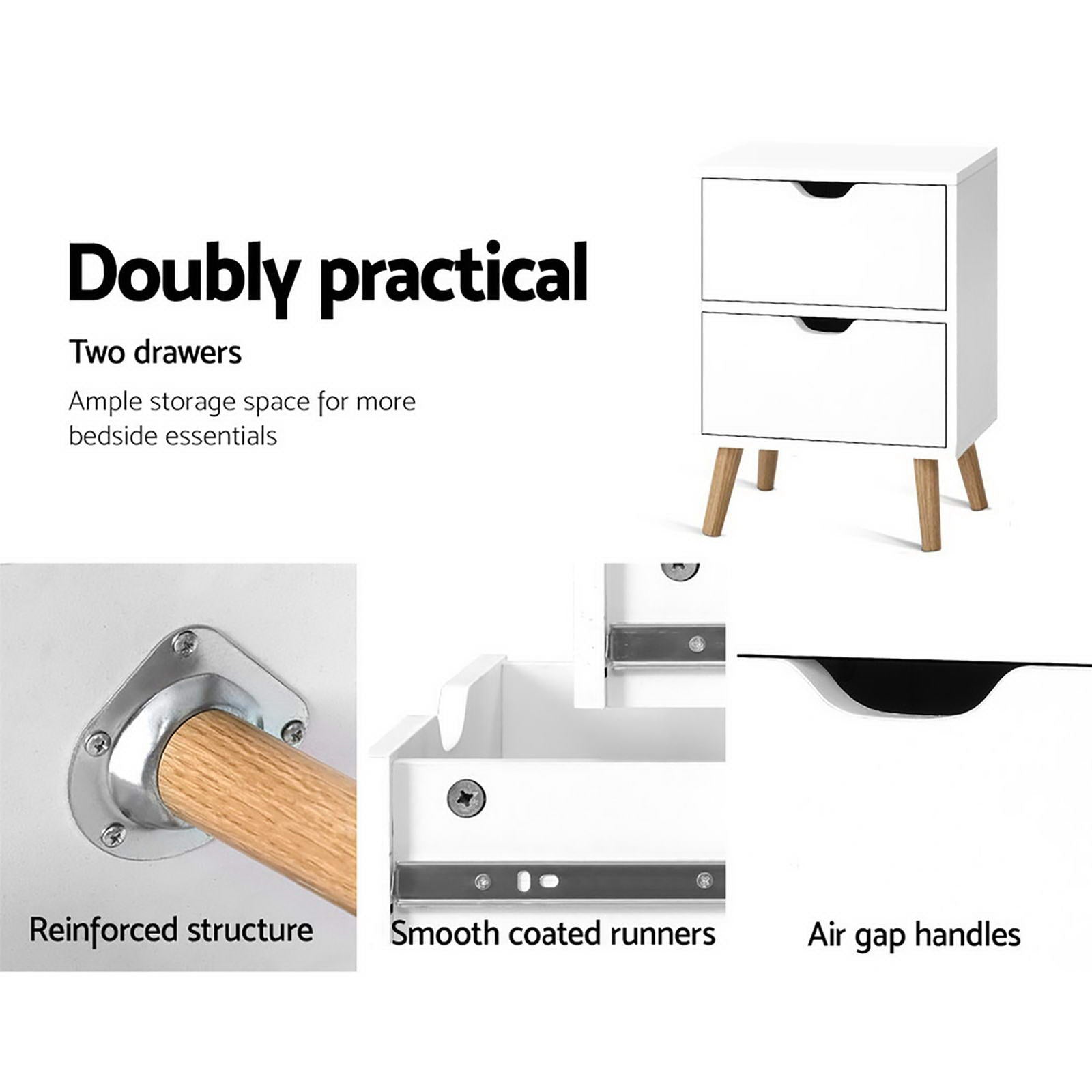 White bedside table with two drawers, black handles, and light wood legs