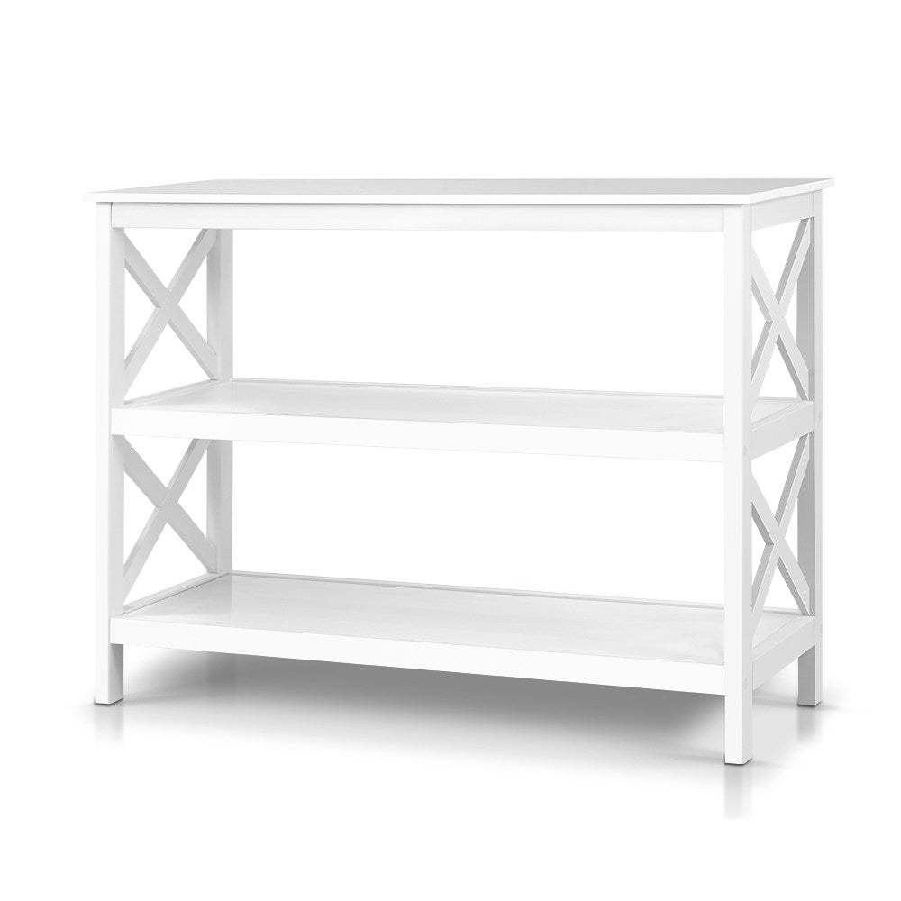 White console table with three open tiers and X-pattern side supports