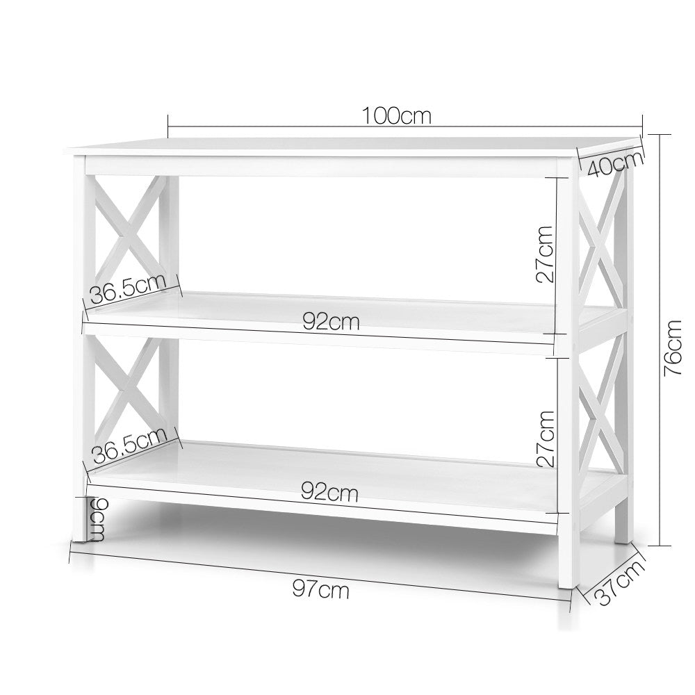 White console table dimensions diagram with three open shelves