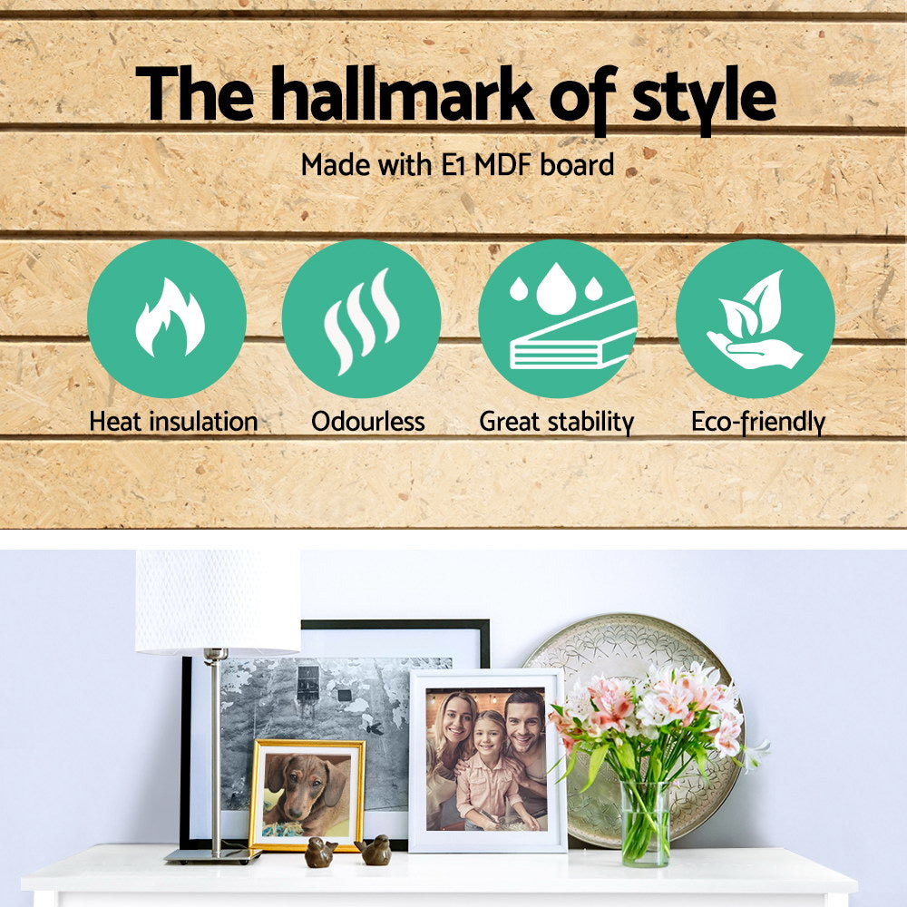 White console table with decor on three open shelves; 'E1 MDF board' overlay