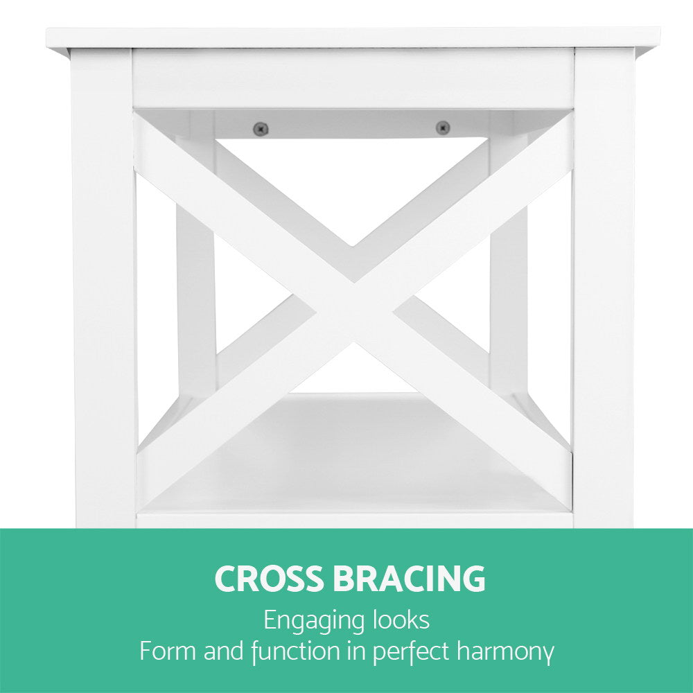 White console table detail showing cross bracing under the top shelf