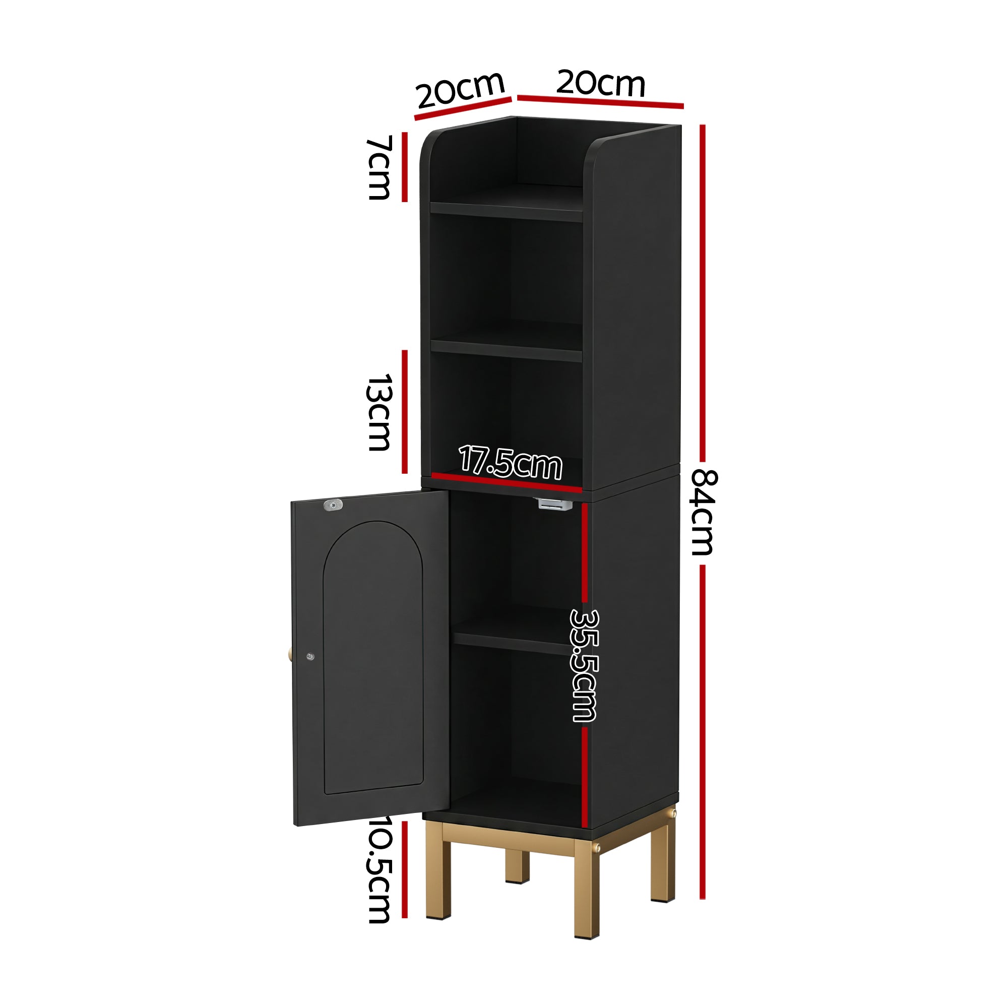 Black bathroom floor cabinet with dimensions and shelf and door areas shown