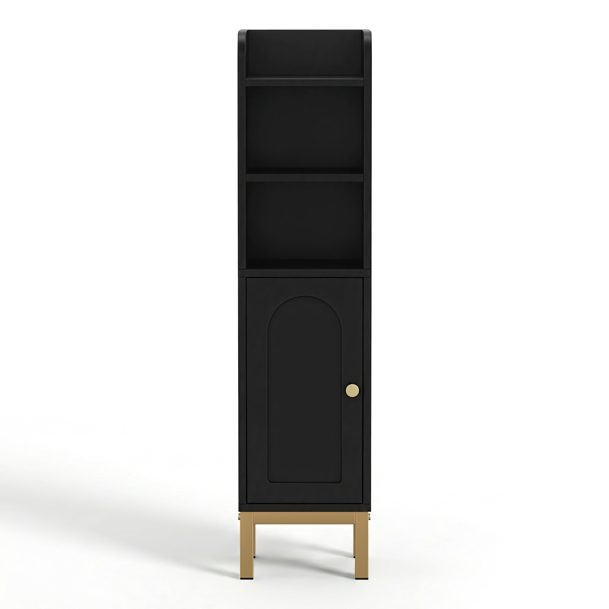 Black floor storage cabinet with open shelves and arched front door