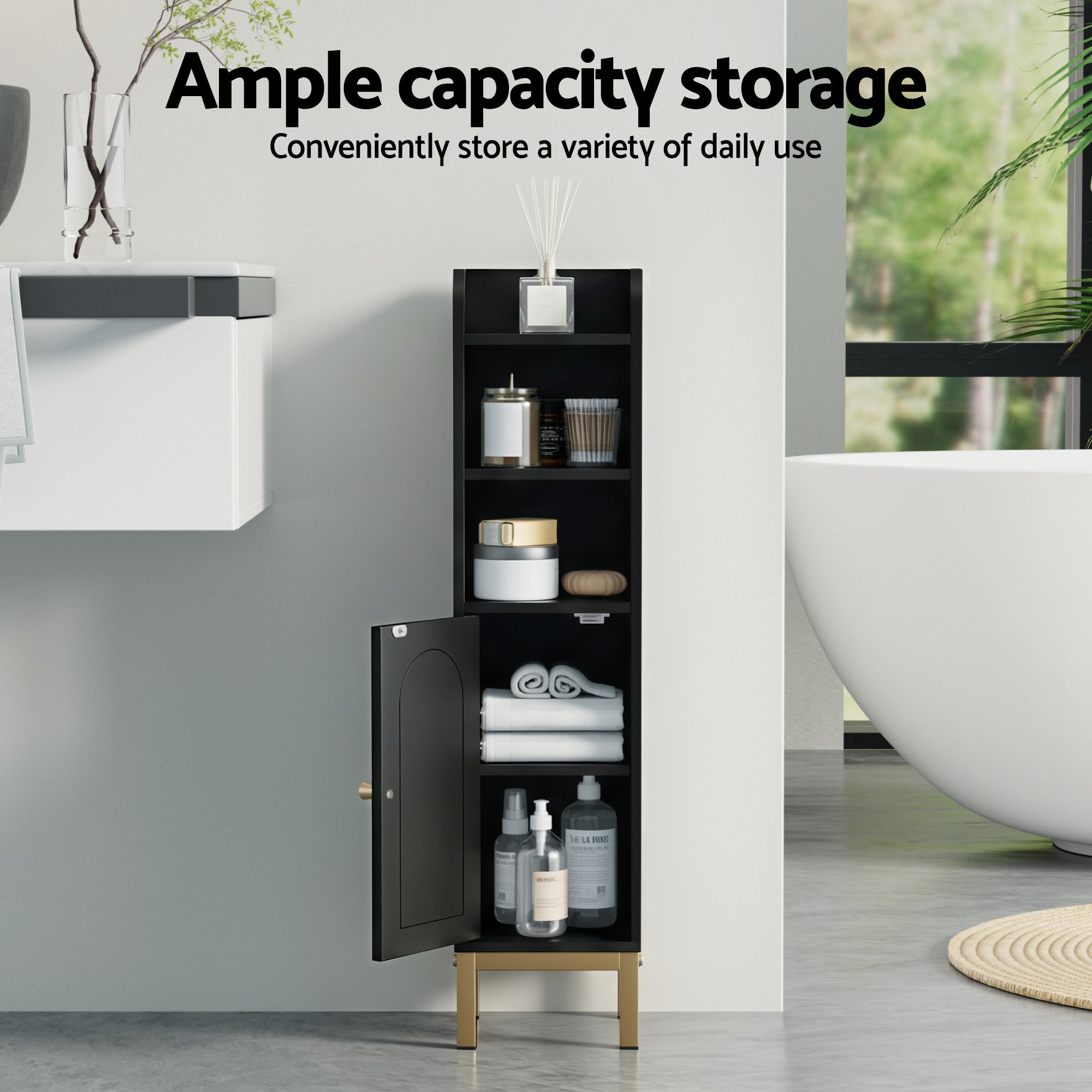 Black bathroom storage cabinet with open shelves and side door for toiletries