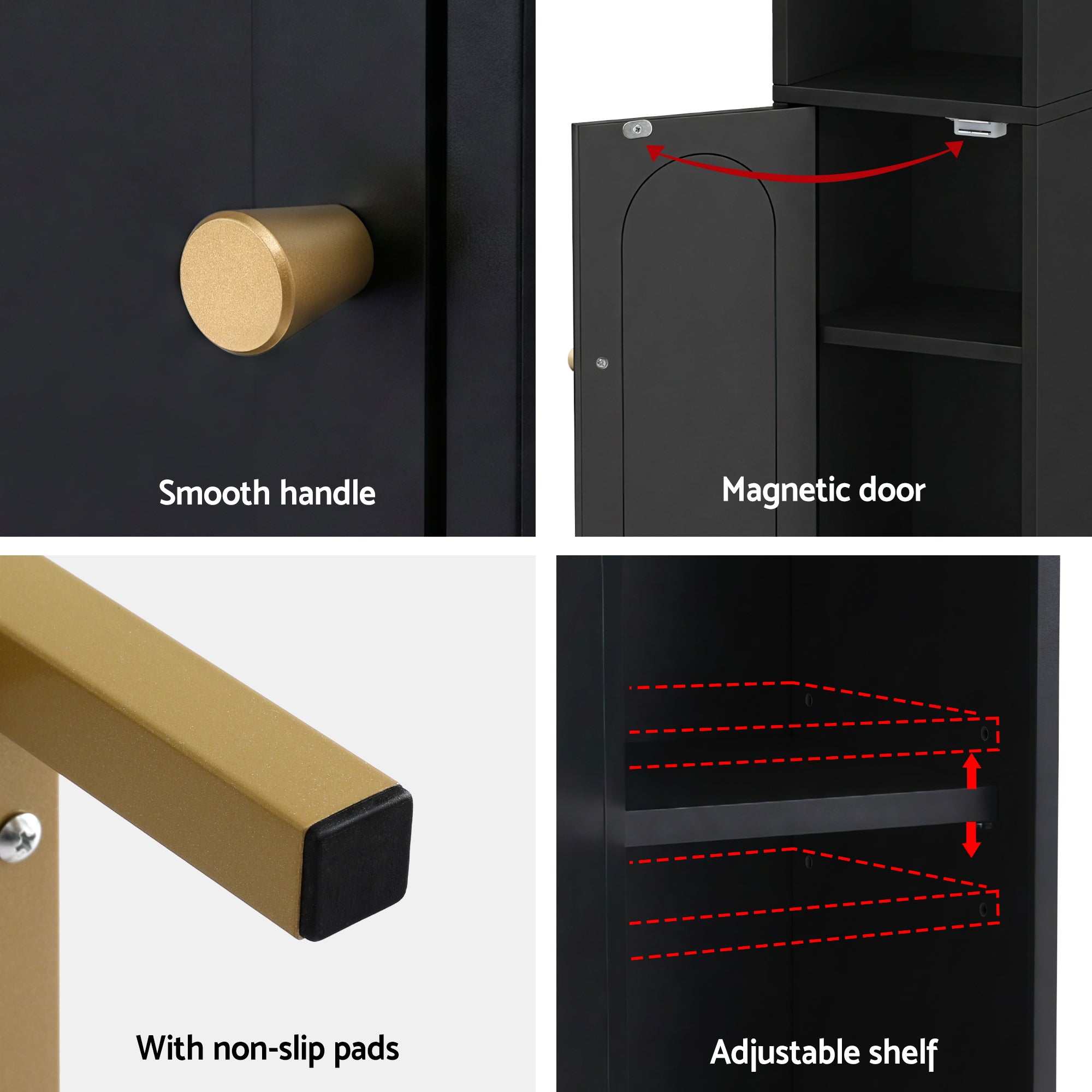 Black cabinet with smooth handle, magnetic door, and adjustable shelf feature