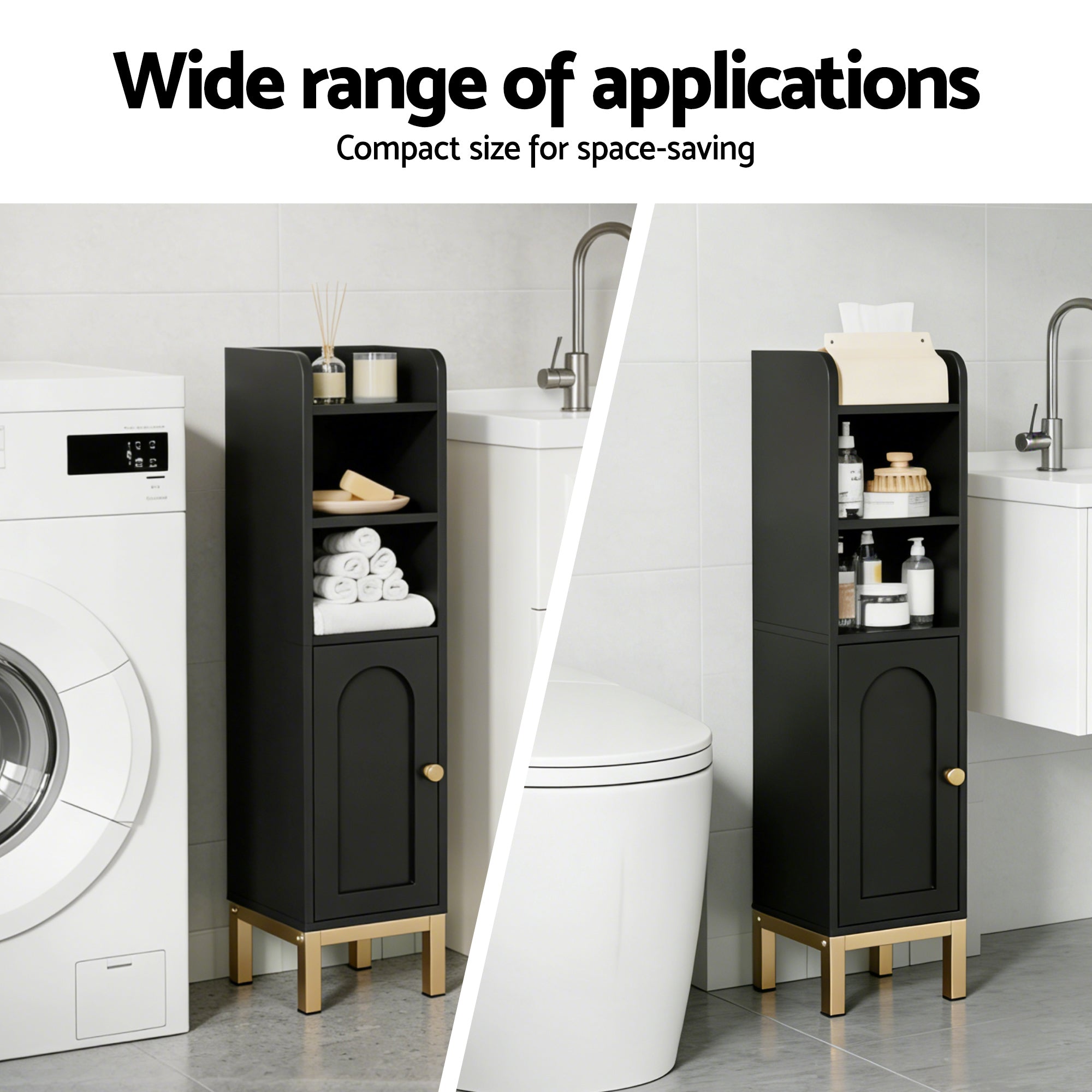 Black compact floor storage cabinet beside a toilet in a bathroom setting