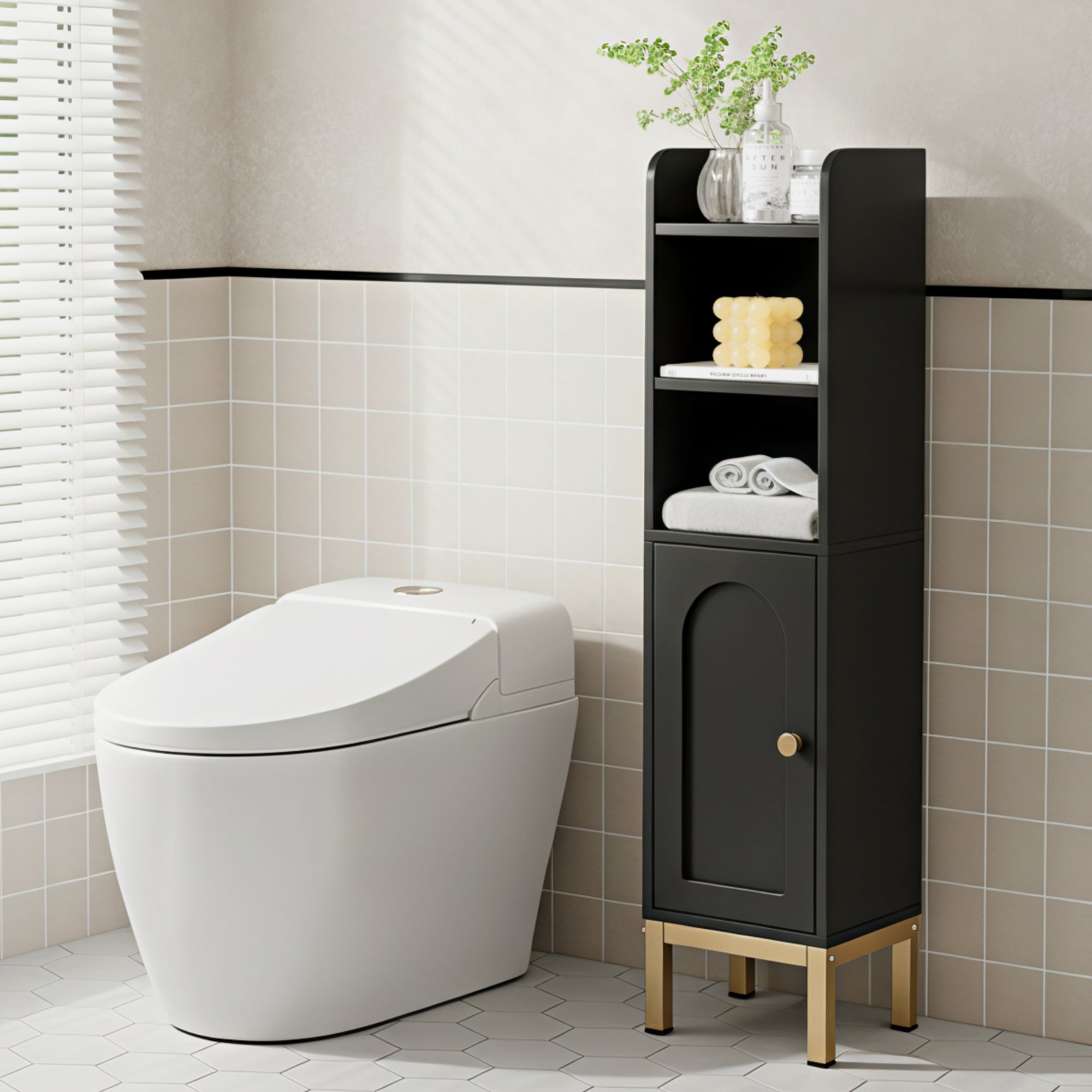 Black floor storage cabinet with open shelves and front door next to toilet