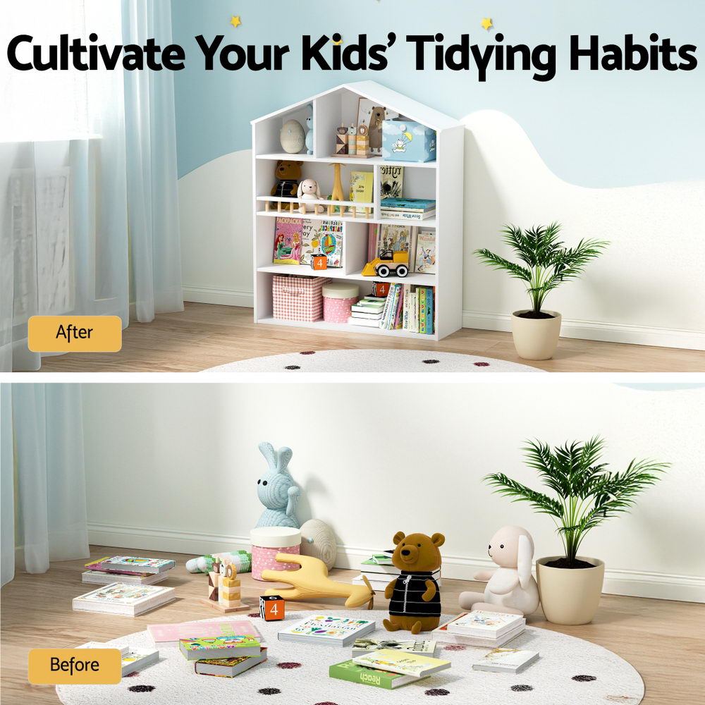 Keezi 4 Tiers Kids Bookshelf Wooden Bookcase Display Storage Organiser Cabinet White