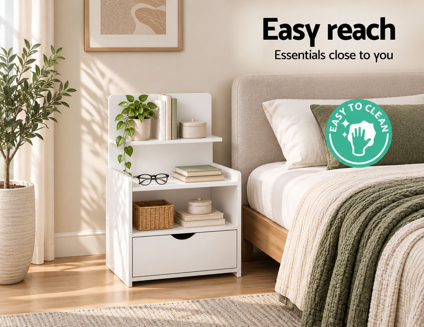 Artiss Bedside Table 1 Drawer with Shelves - EVERMORE White Bedworld