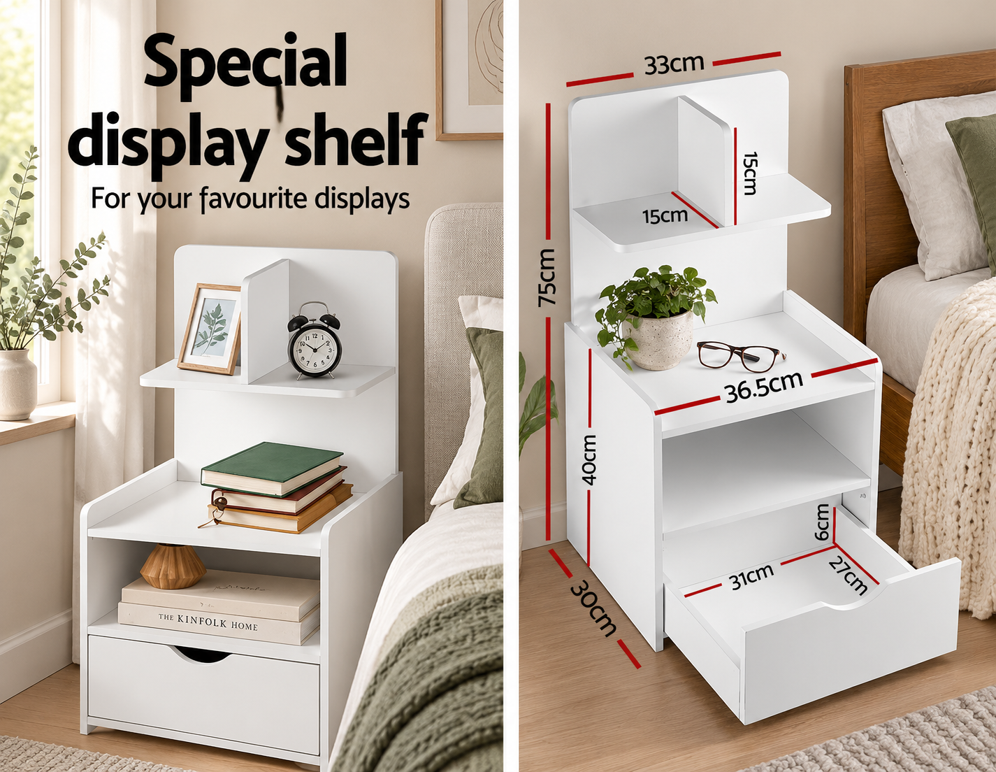 Artiss Bedside Table 1 Drawer with Shelves - EVERMORE White Bedworld
