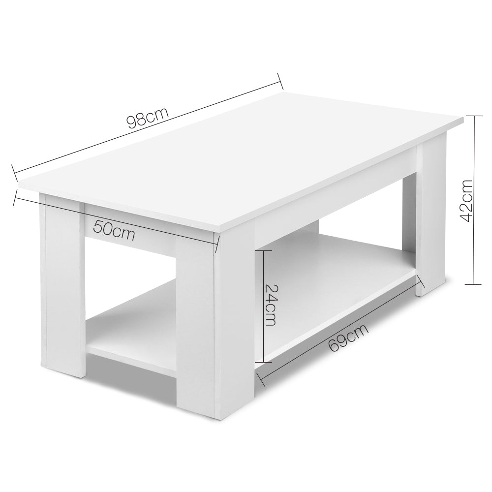 White lift-top coffee table with built-in lower shelf; size diagram