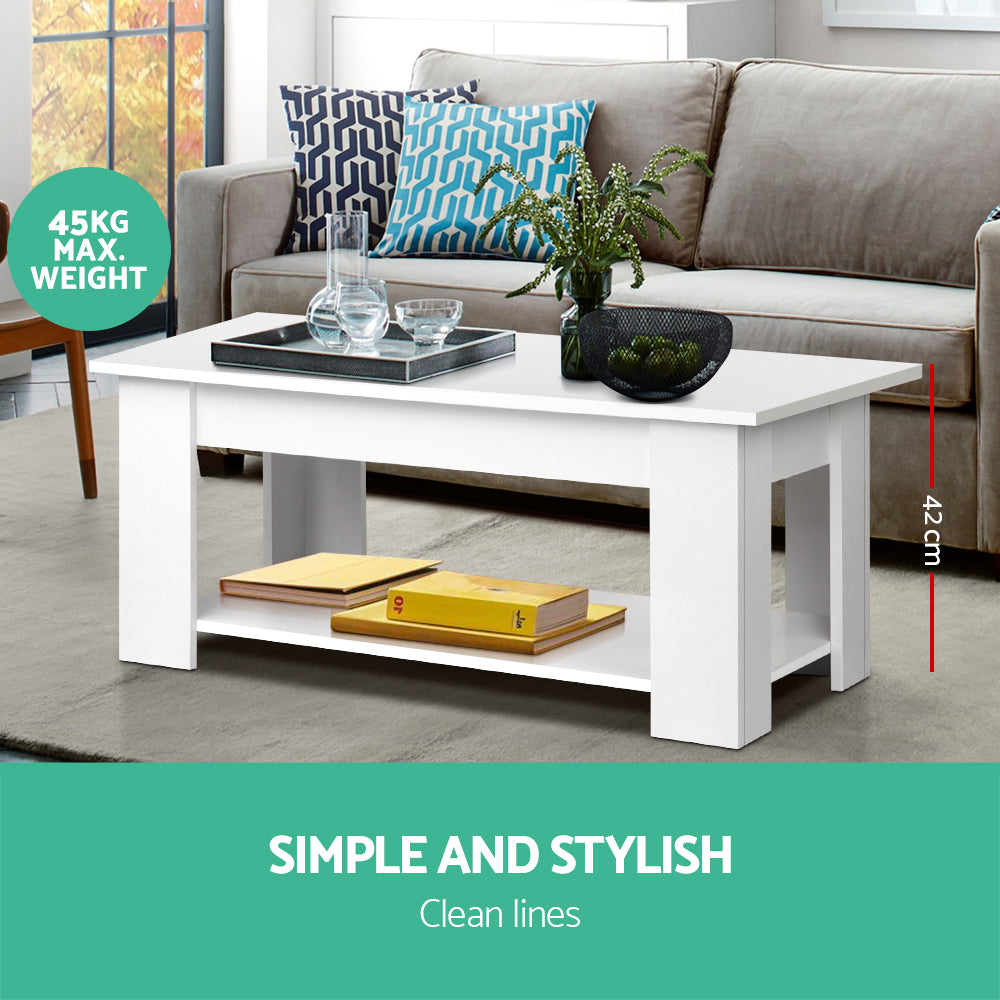 White lift-top coffee table with raised center top and open storage shelf